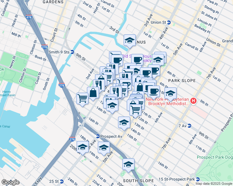 map of restaurants, bars, coffee shops, grocery stores, and more near 219 11th Street in Brooklyn
