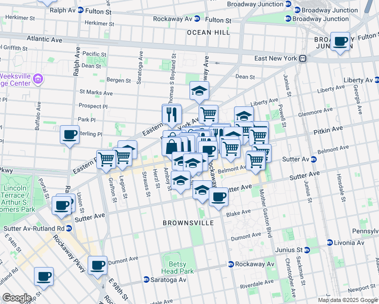 map of restaurants, bars, coffee shops, grocery stores, and more near 1645 Pitkin Avenue in Brooklyn