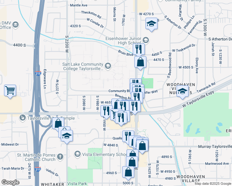 map of restaurants, bars, coffee shops, grocery stores, and more near 1848 Bowling Avenue in Salt Lake City
