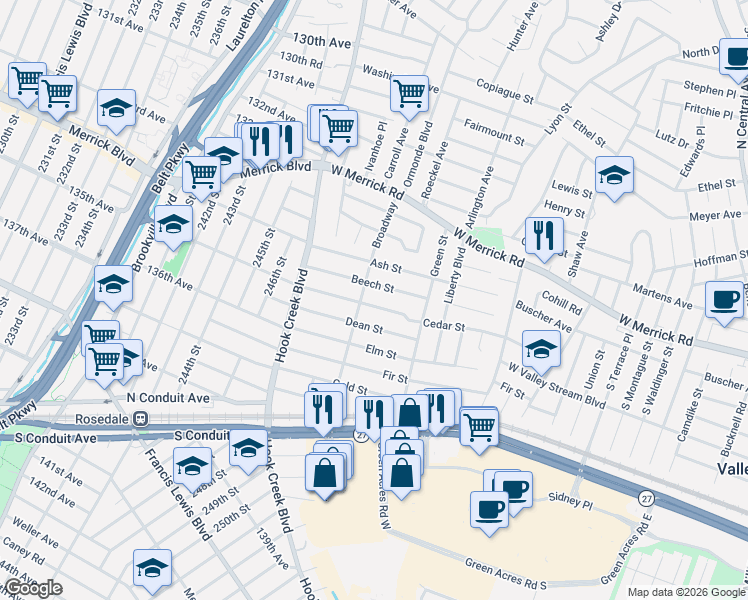 map of restaurants, bars, coffee shops, grocery stores, and more near 140 Cedar Street in Valley Stream