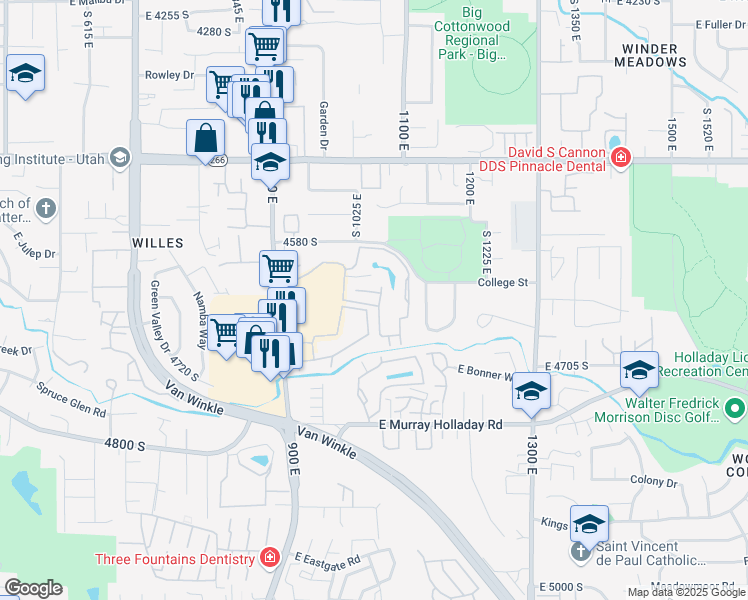 map of restaurants, bars, coffee shops, grocery stores, and more near 1059 Quail Vista Lane in Millcreek