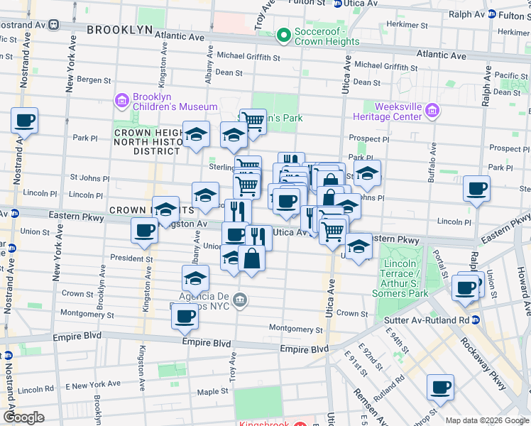 map of restaurants, bars, coffee shops, grocery stores, and more near 1005 Eastern Parkway in Brooklyn