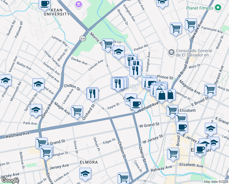 map of restaurants, bars, coffee shops, grocery stores, and more near 368 Cherry Street in Elizabeth