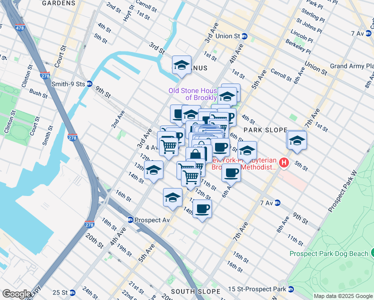 map of restaurants, bars, coffee shops, grocery stores, and more near 284 9th Street in Brooklyn