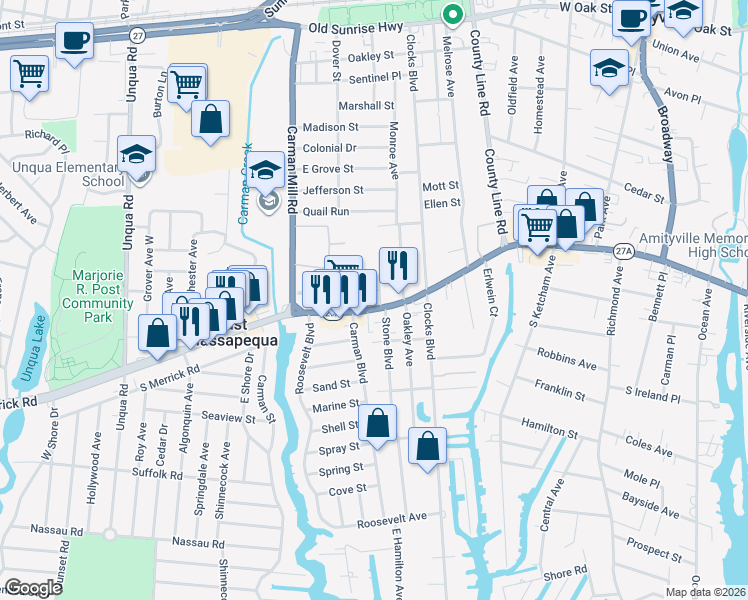 map of restaurants, bars, coffee shops, grocery stores, and more near in East Massapequa