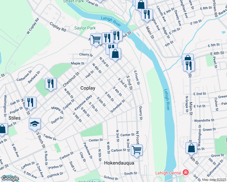 map of restaurants, bars, coffee shops, grocery stores, and more near 110 South 4th Street in Coplay