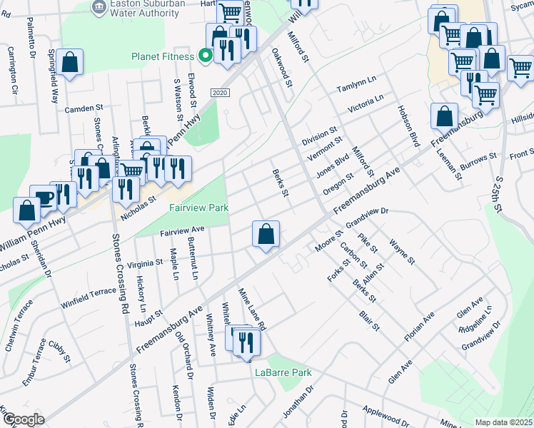 map of restaurants, bars, coffee shops, grocery stores, and more near 3335 Oregon Street in Easton