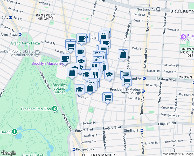map of restaurants, bars, coffee shops, grocery stores, and more near Franklin Ave & Union St in Brooklyn