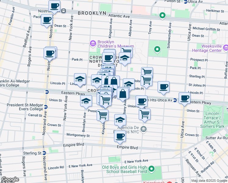 map of restaurants, bars, coffee shops, grocery stores, and more near 823 Eastern Parkway in Brooklyn