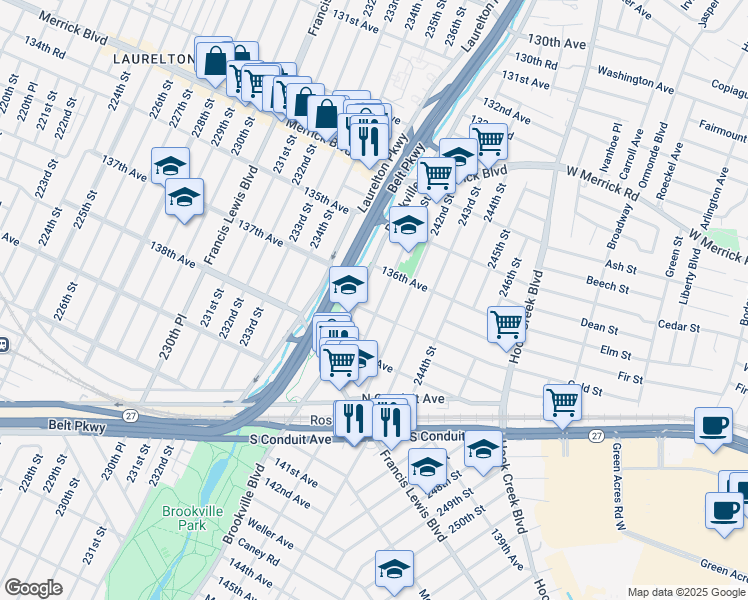 map of restaurants, bars, coffee shops, grocery stores, and more near 240-13 137th Avenue in Queens
