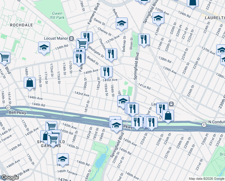 map of restaurants, bars, coffee shops, grocery stores, and more near 141-51 184th Street in Queens