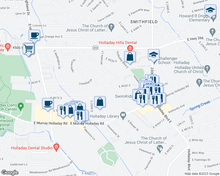 map of restaurants, bars, coffee shops, grocery stores, and more near in Holladay