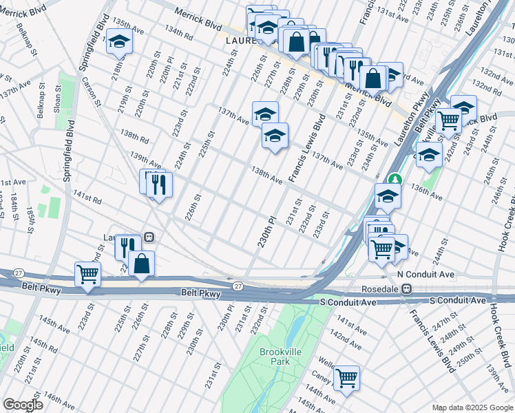 map of restaurants, bars, coffee shops, grocery stores, and more near 230-03 139th Avenue in Queens