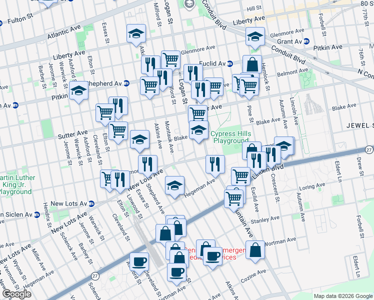map of restaurants, bars, coffee shops, grocery stores, and more near 668 Logan Street in Brooklyn