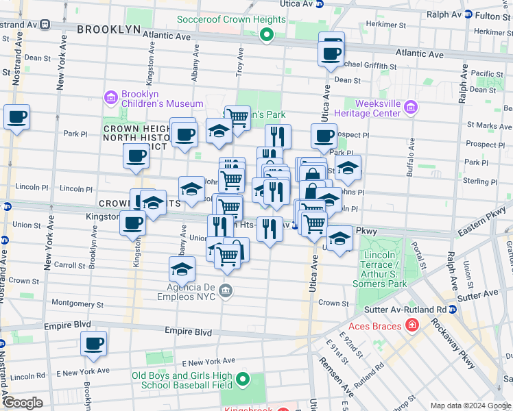 map of restaurants, bars, coffee shops, grocery stores, and more near 1005 Eastern Parkway in Brooklyn