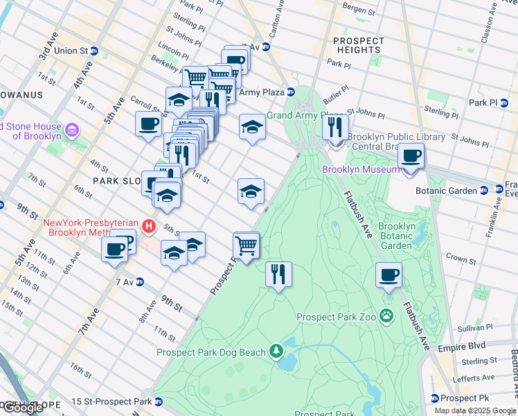map of restaurants, bars, coffee shops, grocery stores, and more near 45 Prospect Park West in Brooklyn