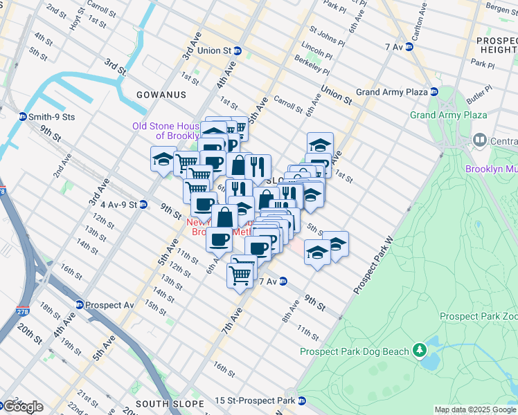 map of restaurants, bars, coffee shops, grocery stores, and more near 425 6th Street in Brooklyn