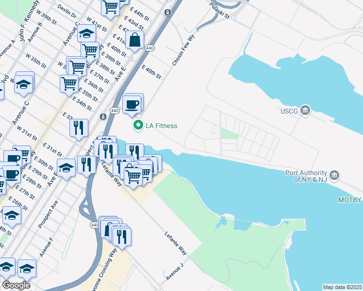 map of restaurants, bars, coffee shops, grocery stores, and more near Port Terminal Blvd in Bayonne