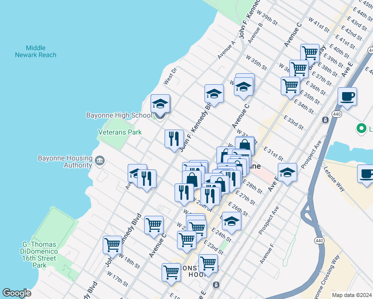 map of restaurants, bars, coffee shops, grocery stores, and more near 97 West 27th Street in Bayonne