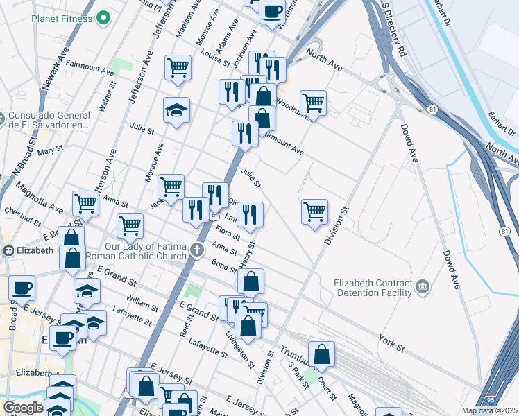map of restaurants, bars, coffee shops, grocery stores, and more near 501-511 Henry Street in Elizabeth