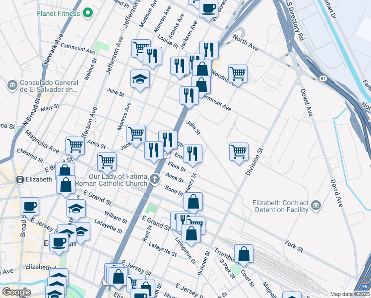 map of restaurants, bars, coffee shops, grocery stores, and more near 922-924 Olive Street in Elizabeth