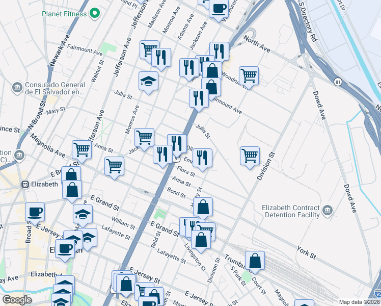 map of restaurants, bars, coffee shops, grocery stores, and more near 922-924 Olive Street in Elizabeth