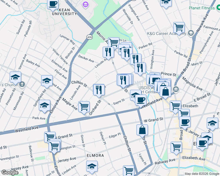 map of restaurants, bars, coffee shops, grocery stores, and more near 127 Orchard Street in Elizabeth