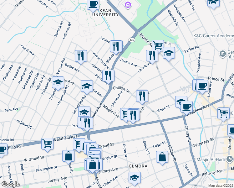 map of restaurants, bars, coffee shops, grocery stores, and more near 229 Lincoln Avenue in Elizabeth