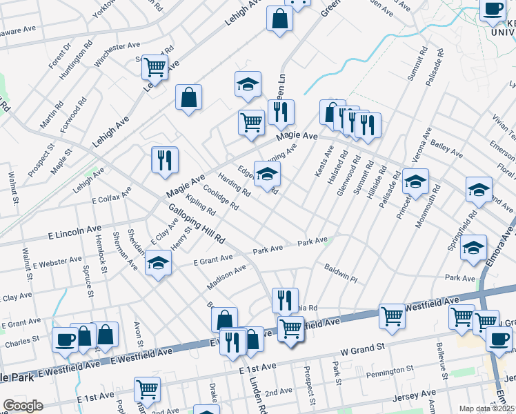 map of restaurants, bars, coffee shops, grocery stores, and more near 1023 Coolidge Road in Elizabeth