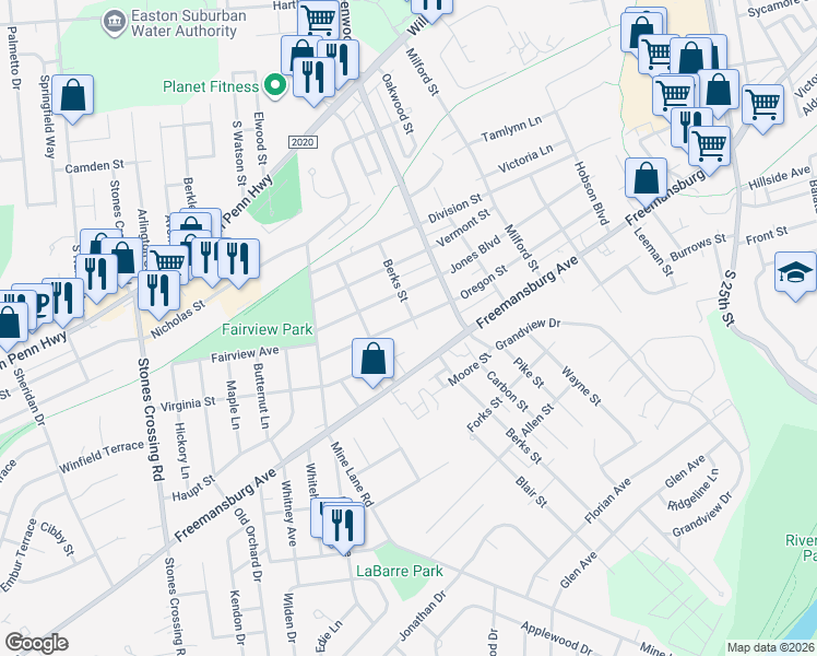 map of restaurants, bars, coffee shops, grocery stores, and more near 3312 Oregon Street in Easton