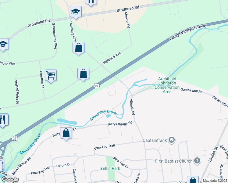 map of restaurants, bars, coffee shops, grocery stores, and more near Cottage Drive in Bethlehem
