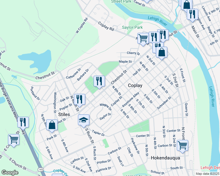 map of restaurants, bars, coffee shops, grocery stores, and more near 871 Chestnut Street in Coplay