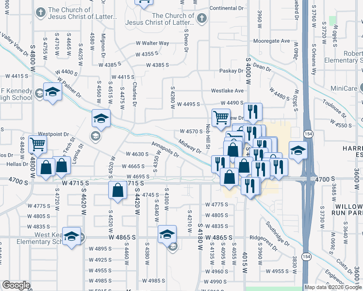 map of restaurants, bars, coffee shops, grocery stores, and more near 4247 Midway Drive in West Valley City