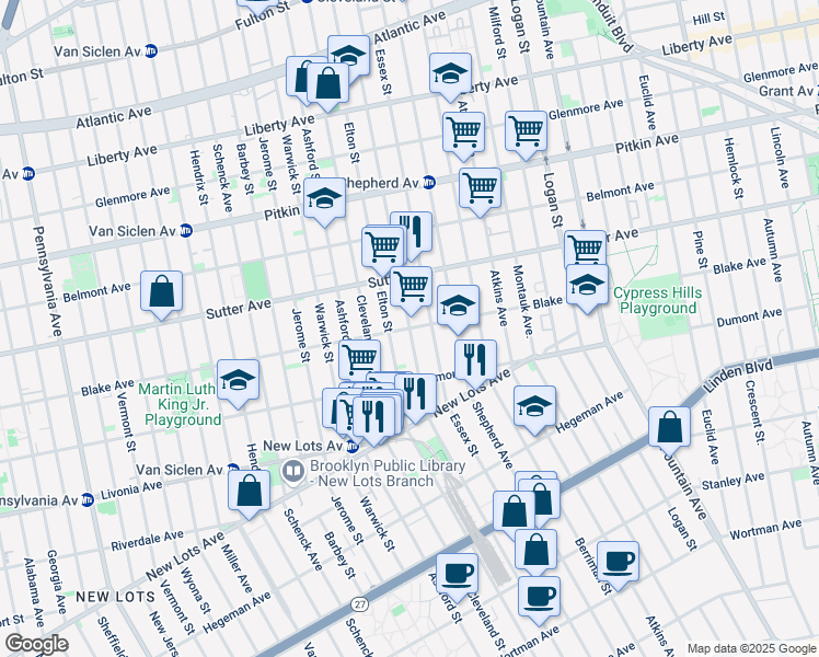 map of restaurants, bars, coffee shops, grocery stores, and more near Blake Avenue & Linwood Street in Brooklyn