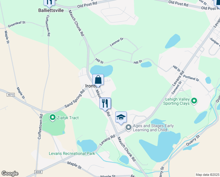 map of restaurants, bars, coffee shops, grocery stores, and more near 4070 Penn Street in Coplay