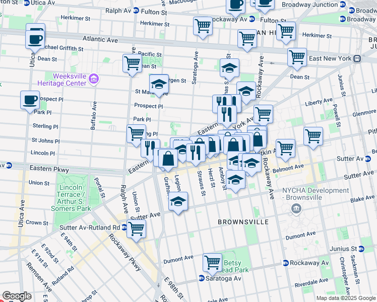 map of restaurants, bars, coffee shops, grocery stores, and more near 1816 Saint Johns Place in Brooklyn