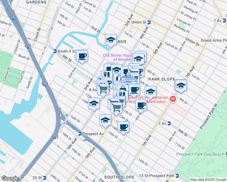 map of restaurants, bars, coffee shops, grocery stores, and more near 284 9th Street in Brooklyn