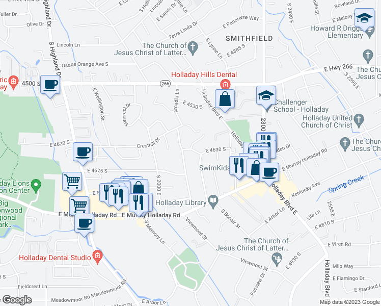map of restaurants, bars, coffee shops, grocery stores, and more near in Holladay