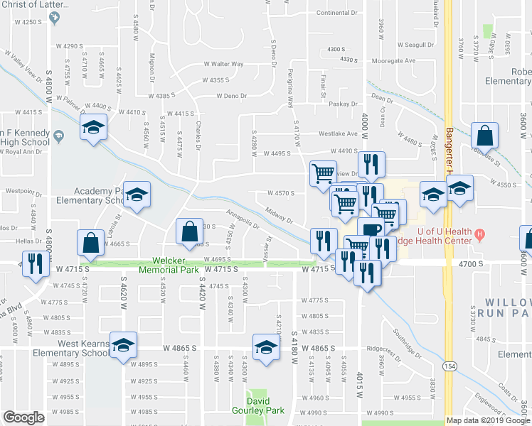 map of restaurants, bars, coffee shops, grocery stores, and more near 4247 Midway Drive in West Valley City