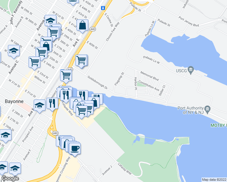 map of restaurants, bars, coffee shops, grocery stores, and more near Port Terminal Blvd in Bayonne