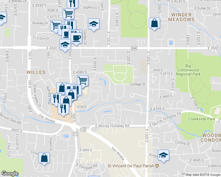 map of restaurants, bars, coffee shops, grocery stores, and more near Quail Park Drive in Millcreek