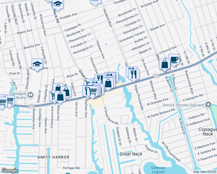 map of restaurants, bars, coffee shops, grocery stores, and more near 1035a Montauk Highway in Copiague