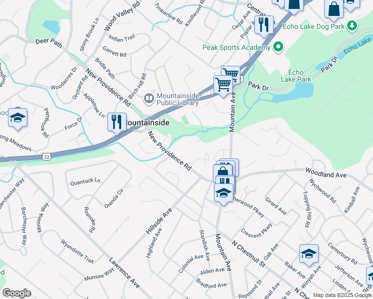 map of restaurants, bars, coffee shops, grocery stores, and more near 150 New Providence Road in Mountainside