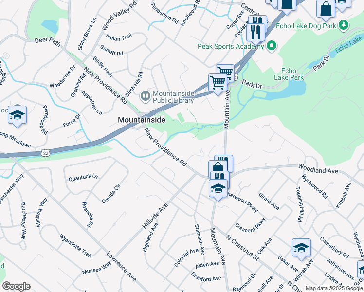 map of restaurants, bars, coffee shops, grocery stores, and more near 150 New Providence Road in Mountainside