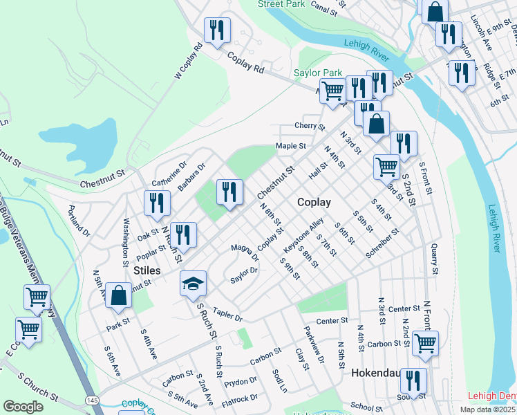 map of restaurants, bars, coffee shops, grocery stores, and more near 871 Chestnut Street in Coplay