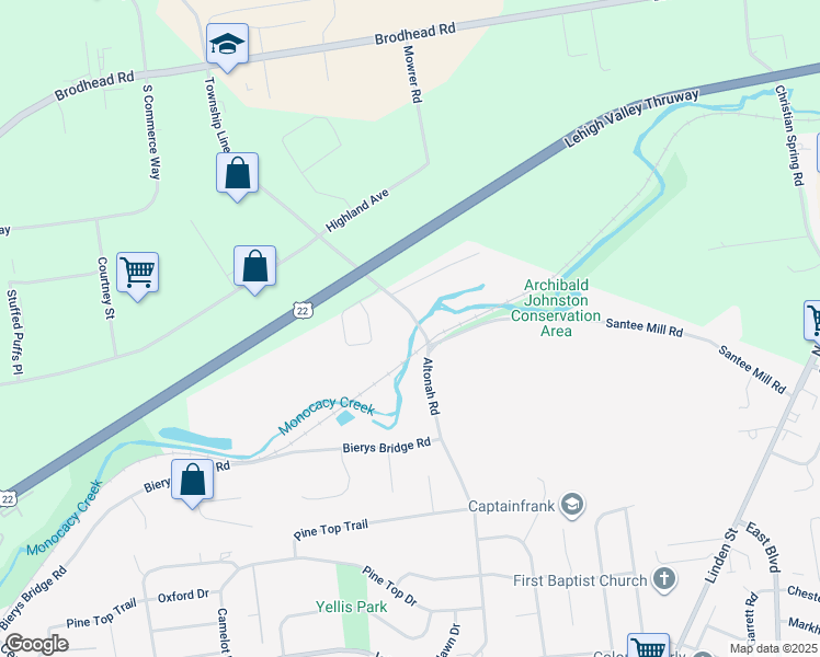 map of restaurants, bars, coffee shops, grocery stores, and more near 3677 Township Line Road in Bethlehem