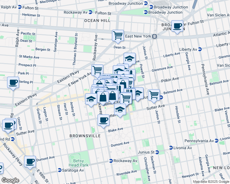 map of restaurants, bars, coffee shops, grocery stores, and more near 138 Watkins Street in Brooklyn