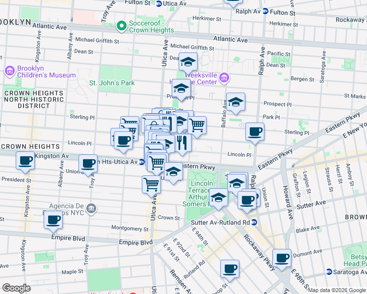 map of restaurants, bars, coffee shops, grocery stores, and more near 1193 Eastern Parkway in Brooklyn
