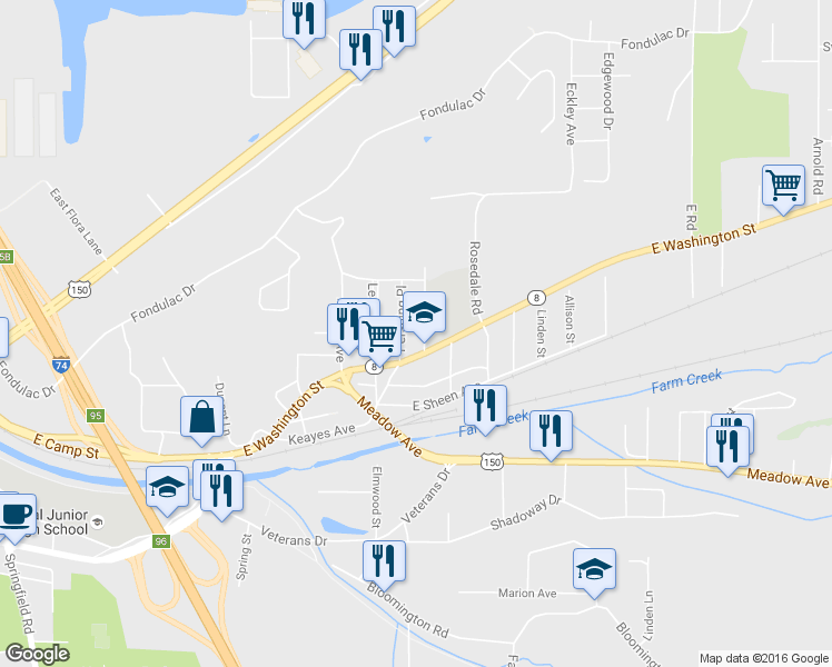 map of restaurants, bars, coffee shops, grocery stores, and more near 115 Harding Boulevard in East Peoria
