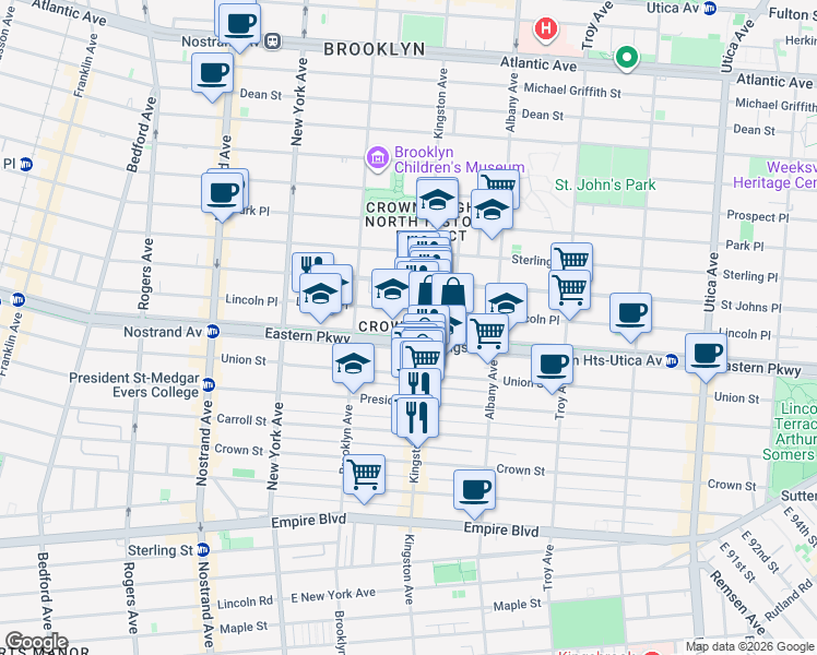 map of restaurants, bars, coffee shops, grocery stores, and more near 773 Eastern Parkway in Brooklyn